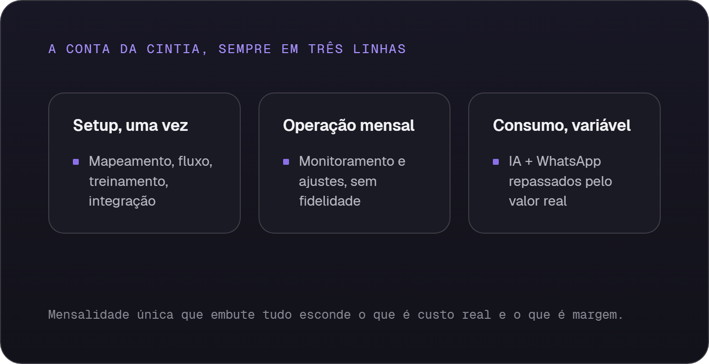 Os três componentes da conta da CintIA: setup pago uma vez, operação mensal sem fidelidade e consumo variável repassado pelo valor real