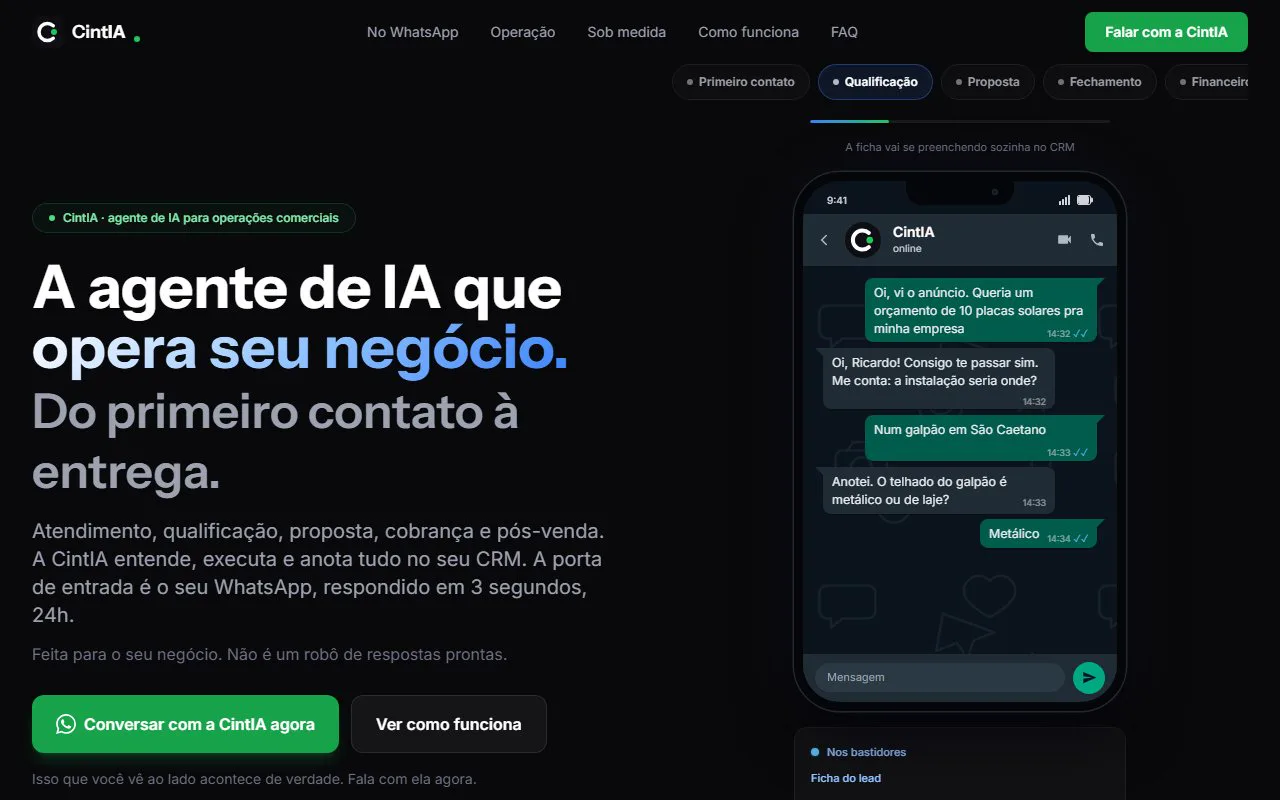 Landing page da CintIA, agente de IA que atende e opera vendas pelo WhatsApp