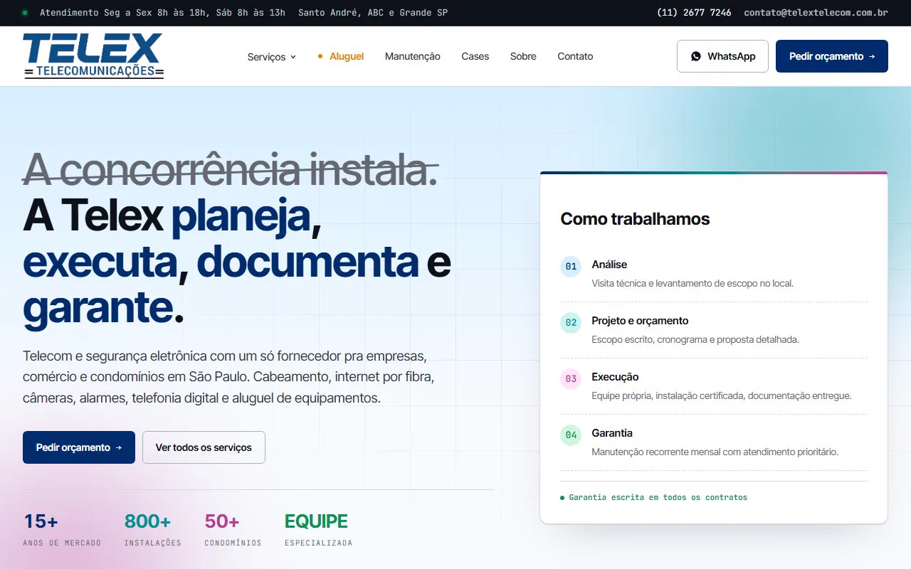 Site da Telex Telecom, CFTV, cabeamento e fibra em Santo André e no ABC
